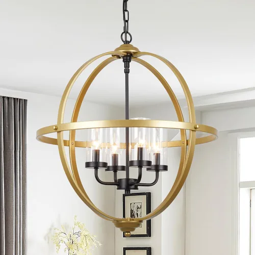 Miniatura 17 de Treekee Candelabro Globo de 20'', Candelabros de Níquel Cepillado, Candelabro Orbe Moderno de 4 Luces, Lujosa Lámpara Colgante con Pantalla