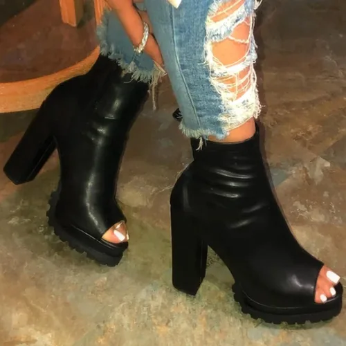 Miniatura 2 de Botines de punta abierta para mujer, botines de tacón grueso, tacón de bloque grueso, botines de tacón alto, botines de tacón alto, botines de punta