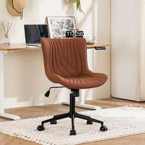 YOUTASTE Silla de oficina marrón café, moderna silla de escritorio sin brazos con ruedas, ajustable, giratoria, mecedora, sillas de estudio para