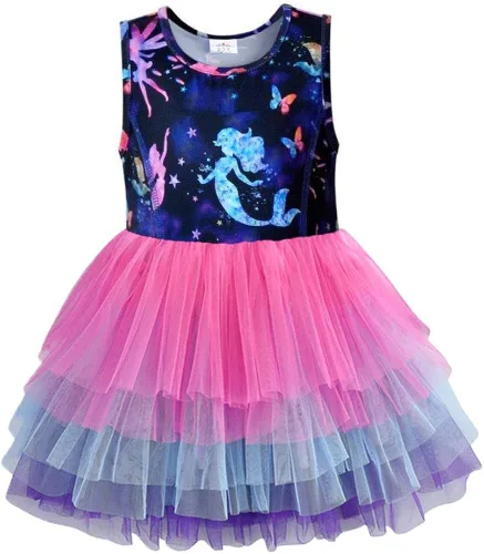 VIKITA Vestido de verano para niña pequeña sin mangas de poliéster tutú para niñas de 3 a 7 años hasta la rodilla