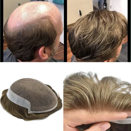 Miniatura 14 de Toupee para hombres sistemas de reemplazo de piel sintética con encaje suizo para hombre, nudos blanqueados, línea capilar natural para hombres