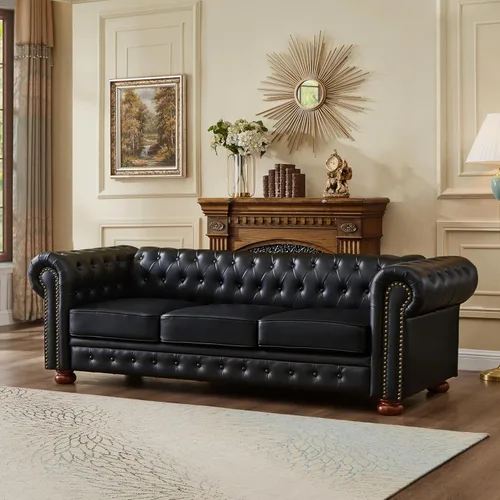 Chesterfield - Sofá de cuero, sofá moderno de mediados de siglo de 89 pulgadas con respaldo bajo, brazo enrollable, ribete de cabeza de clavo, sofá