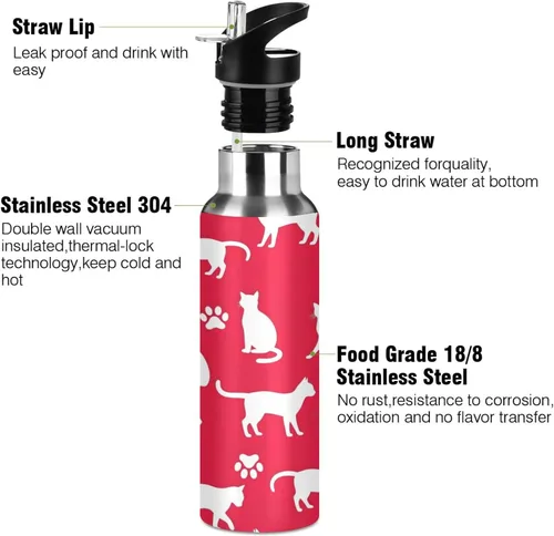 Miniatura 3 de White Cat Paw Prints Red Insulated Stainless Steel Water Bottle with Straw 20 Oz Leakproof Water Bottles, BPA-Free Sport Water Bottle Insulated