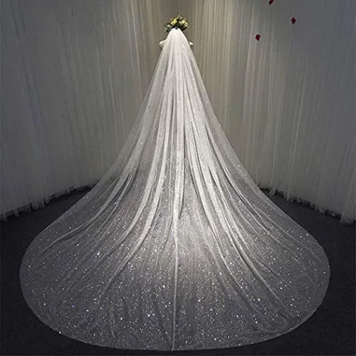 Aukmla Sparkle Catedral velo de novia largo con purpurina velos de novia con peine para mujeres y novias