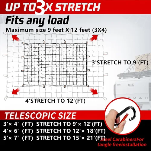 Miniatura 3 de Red de carga resistente para caja de camioneta, se estira de 3 x 4 pies a 9 x 12 pies, 12 mosquetones de metal, compatible con Ford, Dodge RAM