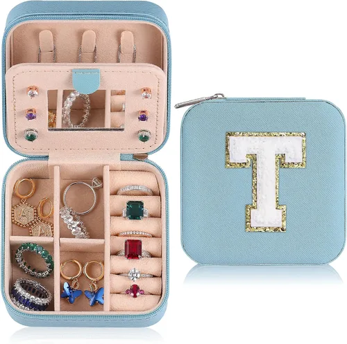 Parima - Joyero pequeño esencial para viajes, organizador de joyerìa, regalo de hija para mamá, azul cielo, letra T