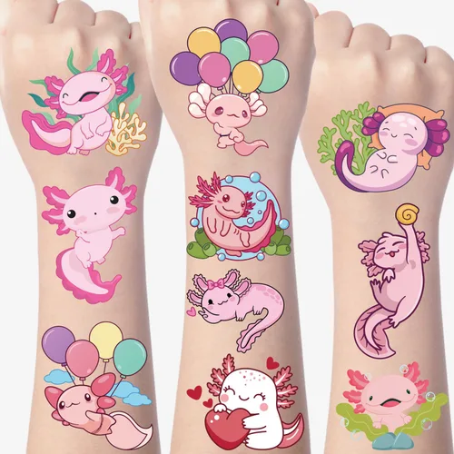Gameza Axolotl - Calcomanías de tatuajes temporales – Más de 200 decoraciones de cumpleaños de ajolotl, regalos temporales, regalos a granel,