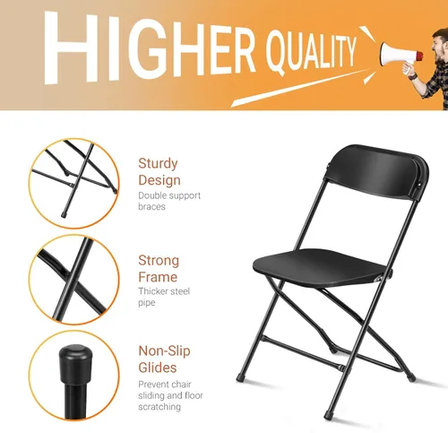Miniatura 7 de FCH Silla plegable negra, marco de metal plegable con asiento de plástico sólido, portátil para eventos y fiestas, juego de comedor al aire libre