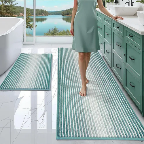 Miniatura 10 de BSICPRO Juegos de Alfombras y Tapetes para Baño, Juego de Alfombra de Baño de Felpilla Gruesa Absorbente de 2 Piezas Antideslizante, Tapetes Suaves