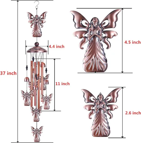 Miniatura 3 de Campanillas de viento de ángel de jardín de 36 pulgadas para decoración interior y exterior, con 4 tubos de aluminio, 6 campanas, 7 ángeles