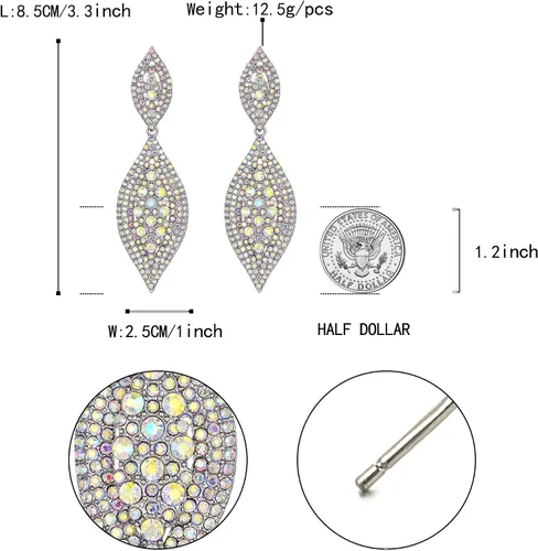 Miniatura 5 de Flyonce - Aretes caídos de diamantes de imitación y diseño de 2 hojas para novia