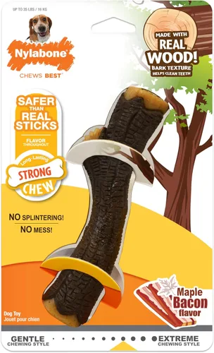 Miniatura 8 de Nylabone Juguete de palo de madera real, juguete fuerte para masticar para perros, juguetes de goma para masticadores moderados y agresivos, sabor a