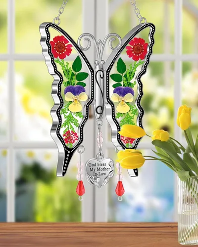 Miniatura 5 de KY&BOSAM Regalos para mamá atrapaluz de mariposa "God bless my mother-in-law" de vitral para ventanas, campanilla de viento, adorno colgante
