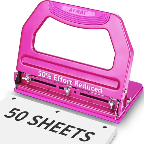 Miniatura 9 de AFMAT Perforador de 3 Agujeros de Alta Resistencia, Agujeros de 9/32", Perforador de 50 Hojas de 3 Anillos, 50% Menos Esfuerzo, Perforador Ajustable