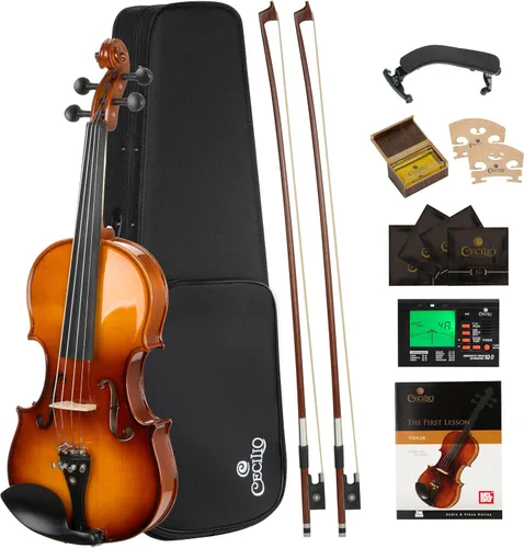Miniatura 11 de Cecilio 1/2 Violín de madera maciza con estuche rígido, arco, colofonia, afinador, soporte para los hombros y libro de lecciones – Ideal