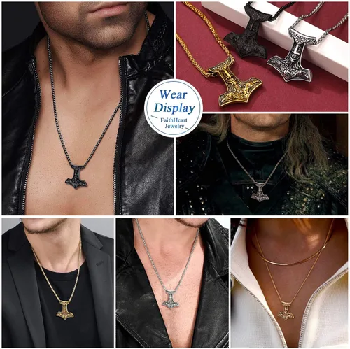 Miniatura 6 de FaithHeart Collar con colgante de runas vikingas nórdicas, martillo de Thor, brújula nórdica, Odín, cuervo, para hombres y mujeres, con embalaje