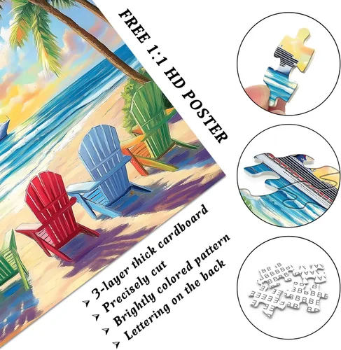 Miniatura 3 de PICKFORU Rompecabezas de playa para adultos de 1000 piezas, rompecabezas de verano con silla lounge de playa arcoíris, rompecabezas colorido