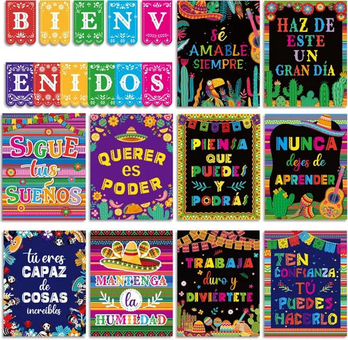 Miniatura 10 de 21 carteles inspiradores españoles de Bienvenidos, estilo industrial retro, póster motivacional español, juego de tablones de anuncios para el aula