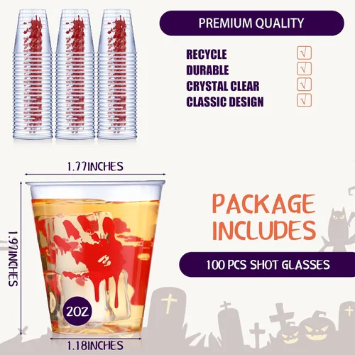 Miniatura 2 de Norme 100 vasos de chupito de plástico de Halloween con estampado de sangre de 2 onzas, vasos desechables de Halloween reutilizables, vasos