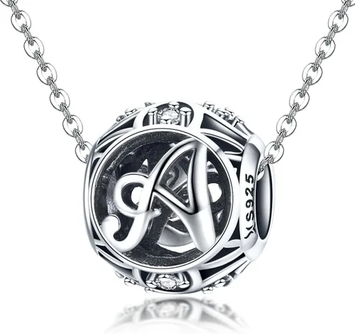 Miniatura 4 de RUKYF Dijes de letras de plata de ley 925 con inicial de la A a la Z para pulseras, collares, cuentas del alfabeto de circonita cúbica, regalos