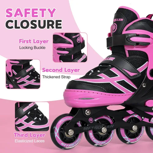 Miniatura 4 de METROLLER Patines en línea para niñas y niños Edades 5-8 8-12 Patines en línea ajustables con ruedas iluminadas Patines en línea para jóvenes y Rosa