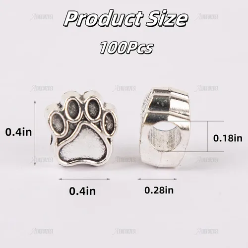 Miniatura 2 de AUEAR, Paquete de 100 dijes vintage de plata con diseño de pata de gato con agujero grande, cuentas espaciadoras sueltas para hacer joyas
