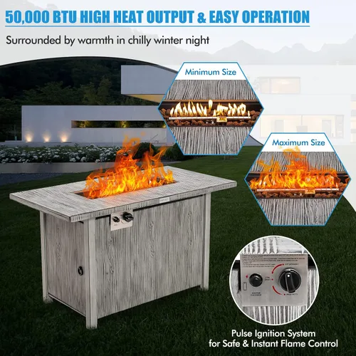 Miniatura 4 de Tangkula Patiojoy - Mesa de fuego de propano de 43 pulgadas, mesa de fuego de gas para exteriores de 50,000 BTU con mesa de grano de madera