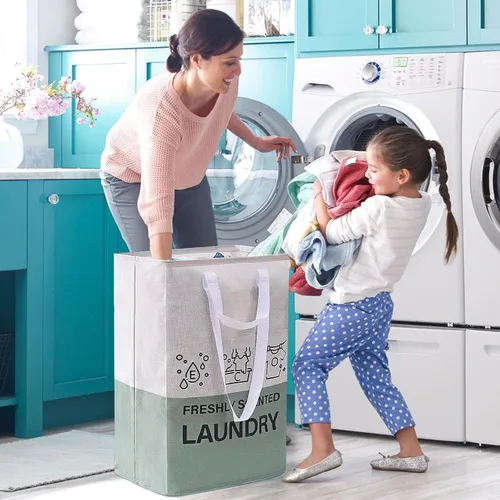 Miniatura 2 de Cestas de lavandería de 92 litros, cesta de lavandería independiente con asas, impermeable, plegable, para dormitorio, cuarto de baño