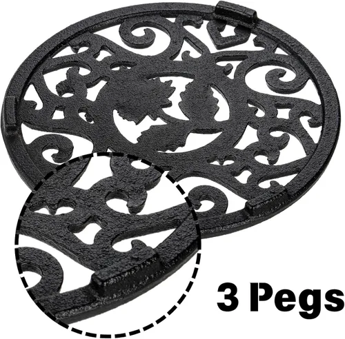 Miniatura 5 de Coloch Paquete de 2 salvamanteles de hierro fundido con clavijas, salvamanteles redondos de metal de 4.6 pulgadas con patrones vintage inoxidables