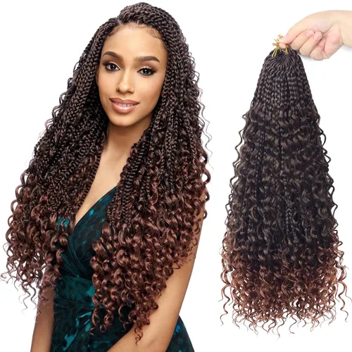 Miniatura 15 de Goddess Box Braids - Trenzas de cabello a ganchillo con extremos rizados, trenzas de caja bohemianas de 16 pulgadas, trenzas de ganchillo, 8 1B-4-30
