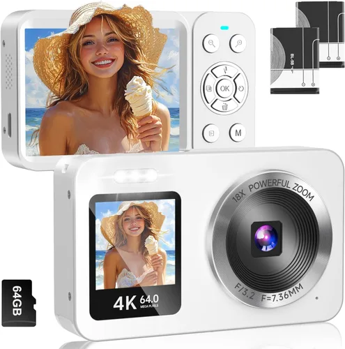 Miniatura 9 de Cámara digital rosa, cámara de doble pantalla 4K 64MP UHD, zoom de 18X, cámaras digitales portátiles para apuntar y disparar con tarjeta TF de 64
