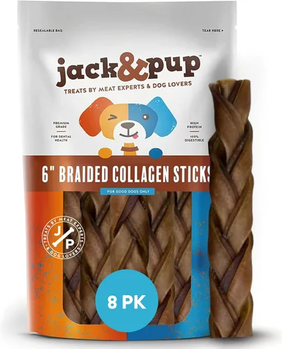 Jack&Pup Palitos de colágeno de carne de res trenzados de 6 pulgadas para perros, masticables sin cuero crudo de larga duración | Golosinas