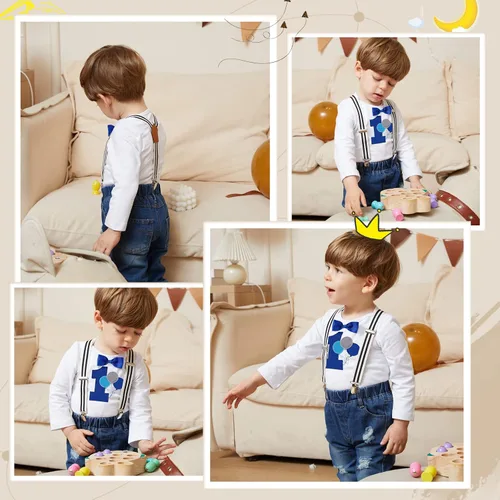 Miniatura 77 de Conjunto de ropa de cumpleaños para bebé niño pequeño, con tirantes, pantalones de mezclilla rasgados