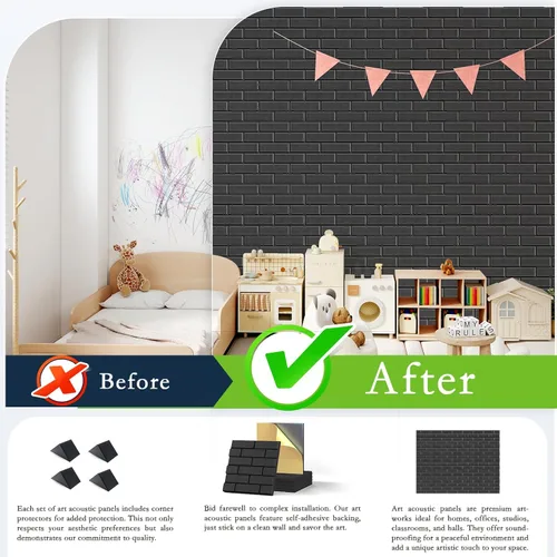 Miniatura 5 de ArtVivid Paquete de 12 paneles acústicos, 12 x 12 x 0.4 pulgadas, autoadhesivos, patrón de ladrillo 3D, paneles de pared decorativos para amortiguar