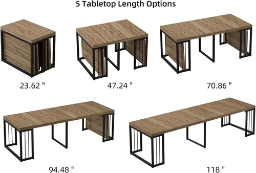 Miniatura 5 de KEIKI Mesa de comedor plegable extensible de 23.62 a 118 pulgadas de largo para 2 a 10 personas, muebles de madera moderna y rústica rectangular