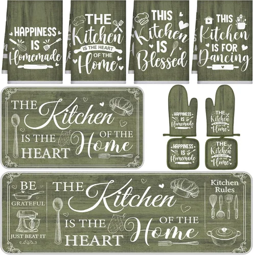 Miniatura 30 de Fourluoo Juego de 10 piezas de decoración y accesorios de cocina de granja, 4 toallas de cocina, 2 soportes para ollas, 2 guantes de horno, 2 Verde