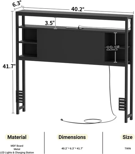 Miniatura 3 de Unikito Cabecera individual con almacenamiento, cabeceros con toma de corriente y luces LED inteligentes, cabecera resistente para cama