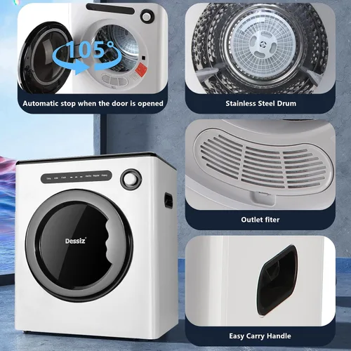Miniatura 5 de Secadora de ropa portátil de 110 V y 970 W, capacidad de 11 libras, compacta, para espacios pequeños, casas rodantes y apartamentos silenciosos