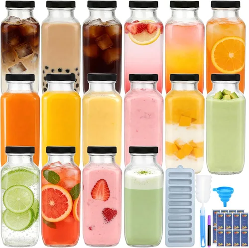 Miniatura 8 de Botellas de vidrio de 8 onzas con tapas, paquete de 16 recipientes reutilizables para jugo con cepillo de limpieza, botellas de agua de vidrio