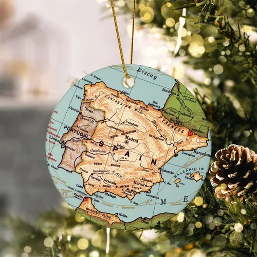 Miniatura 4 de Adorno de Navidad con mapa de España, adorno de árbol de Navidad, destino de 3.2 pulgadas, dos lados impresos con cuerda dorada, adorno moderno