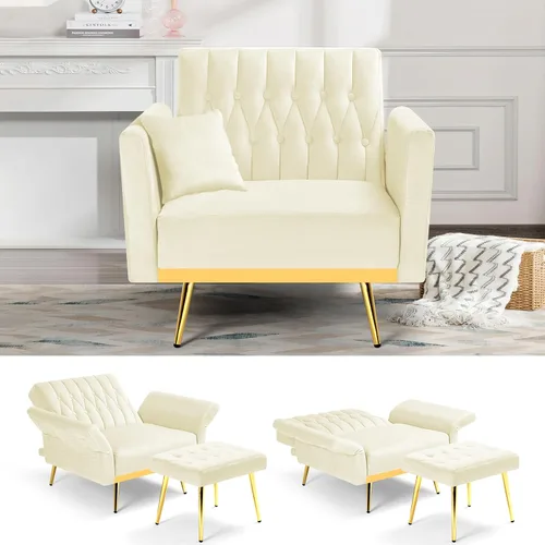 Silla decorativa de terciopelo con respaldo y reposabrazos ajustables, sillón reclinable individual con otomana y patas mentales doradas para sala