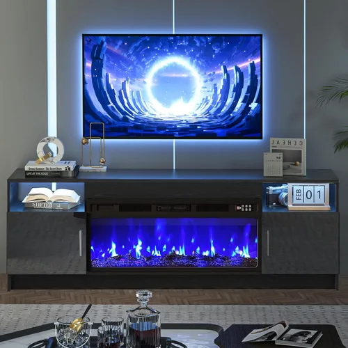 Miniatura 7 de Kucreiheat Soporte de TV negro con chimenea, luces LED, centro de entretenimiento para TV de hasta 80 pulgadas, consola de TV moderna para sala