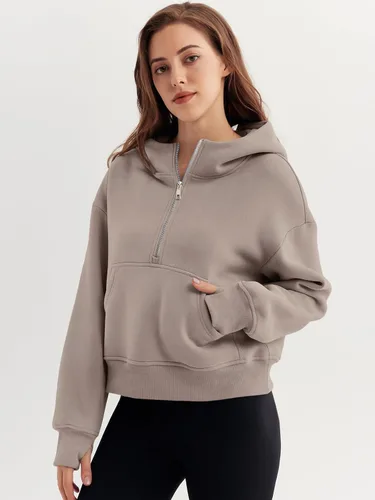Miniatura 2 de Trendy Queen Sudaderas con capucha para mujer, con cremallera de un cuarto, sudaderas de gran tamaño, media cremallera con bolsillos, ropa de otoño