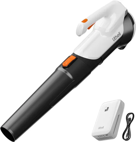 Litheli Soplador de hojas inalámbrico de 20 V, soplador de hojas alimentado por batería, batería de 2.0 Ah, ligero, modo de 2 velocidades,