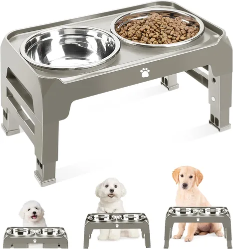 Miniatura 11 de Soporte elevado para cuenco para perros con 2 cuencos de acero inoxidable, altura ajustable para perros medianos y grandes, comedero plegable de Gris