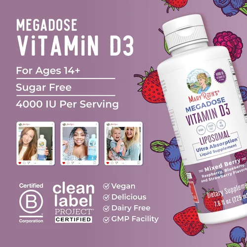 Miniatura 8 de MaryRuth Organics Megadose Vitamina D3 Liposomal Vitamina D 4000 UI Ultra Absorción Apoyo Inmunológico para Adultos Salud Ósea VIT D3