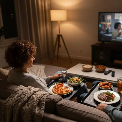 Miniatura 7 de TOPZEA Paquete de 2 bandejas antideslizantes para servir con asa, bandejas rectangulares de plástico para servir alimentos, bandeja de regazo de TV