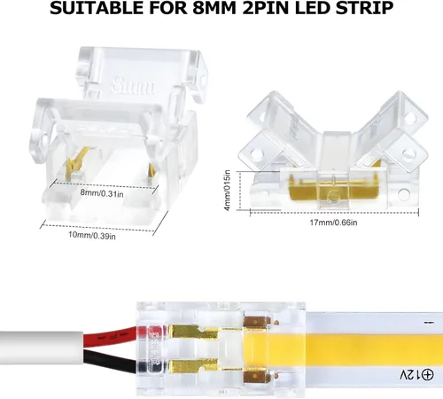 Miniatura 2 de LightingWill Conectores LED de 2 pines de 0.315 in, 10 unidades DC hembra conector transparente sin soldadura, conector de luz de cinta LED 2