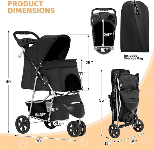 Miniatura 2 de Magshion Cochecito para mascotas de 3 ruedas, cochecito de viaje plegable para perros y gatos pequeños y medianos (hasta 33 libras), transportador