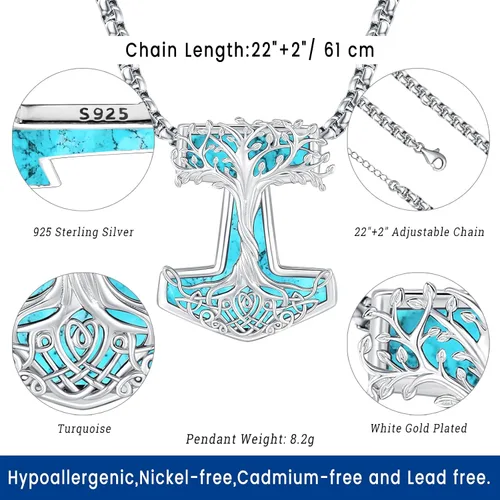 Miniatura 98 de Joyas de turquesa para mujeres y hombres de plata de ley 925 con colgante de urna para cenizas, collar con medallón de imagen, martillo de Thor
